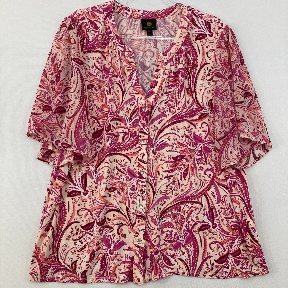 JM Collection sz XXL Pink Cream Floral Abstract Stretch Flutter Sleeve Button Up